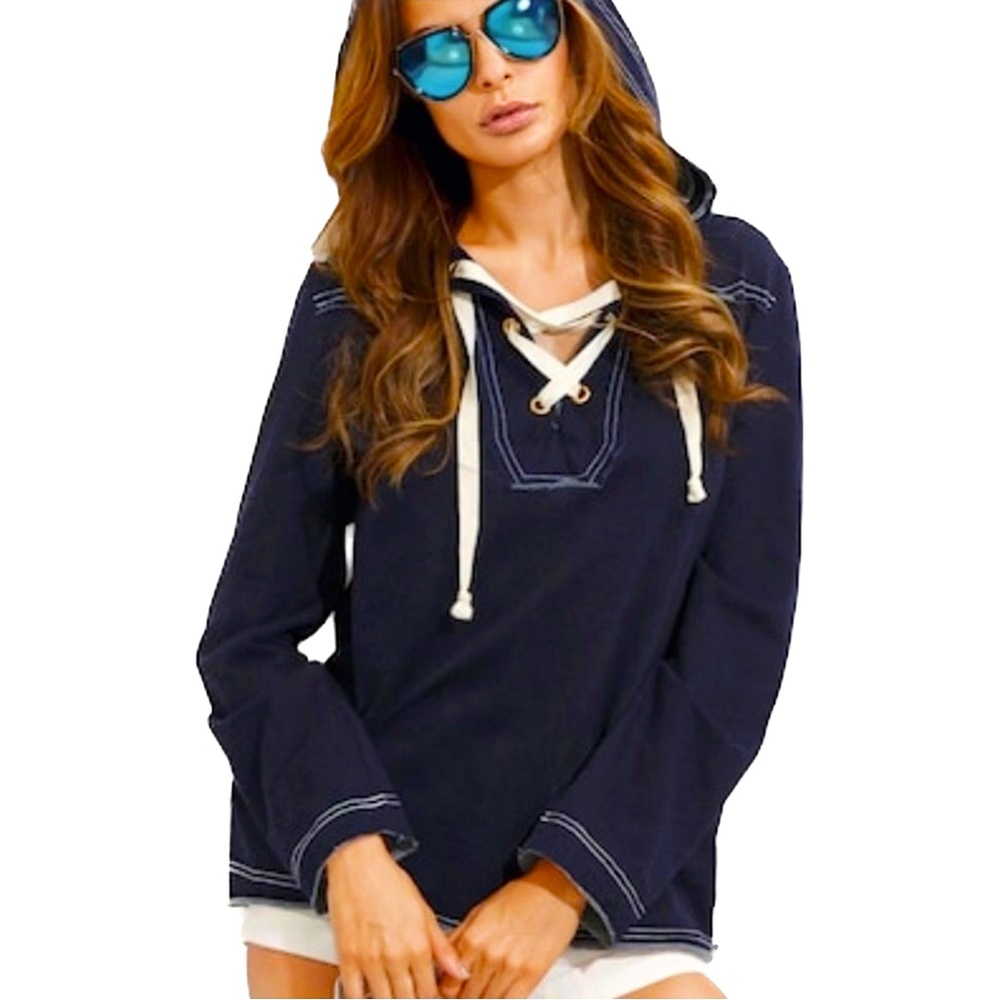 Grommet Cotton Lace-up Hooded Shirt